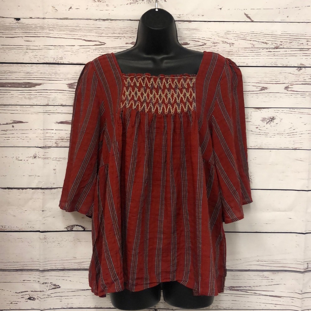 RETHM‎ boho chic burgundy striped embroidered top